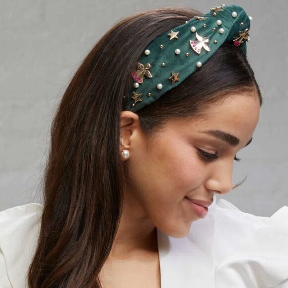 Lele Sadoughi Angel Bell Forest Green Velvet Embellished Headband NWT main image 8